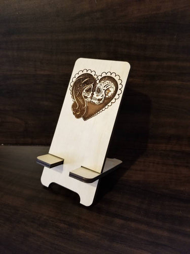Sugar Couple Skull Wood Phone Stand